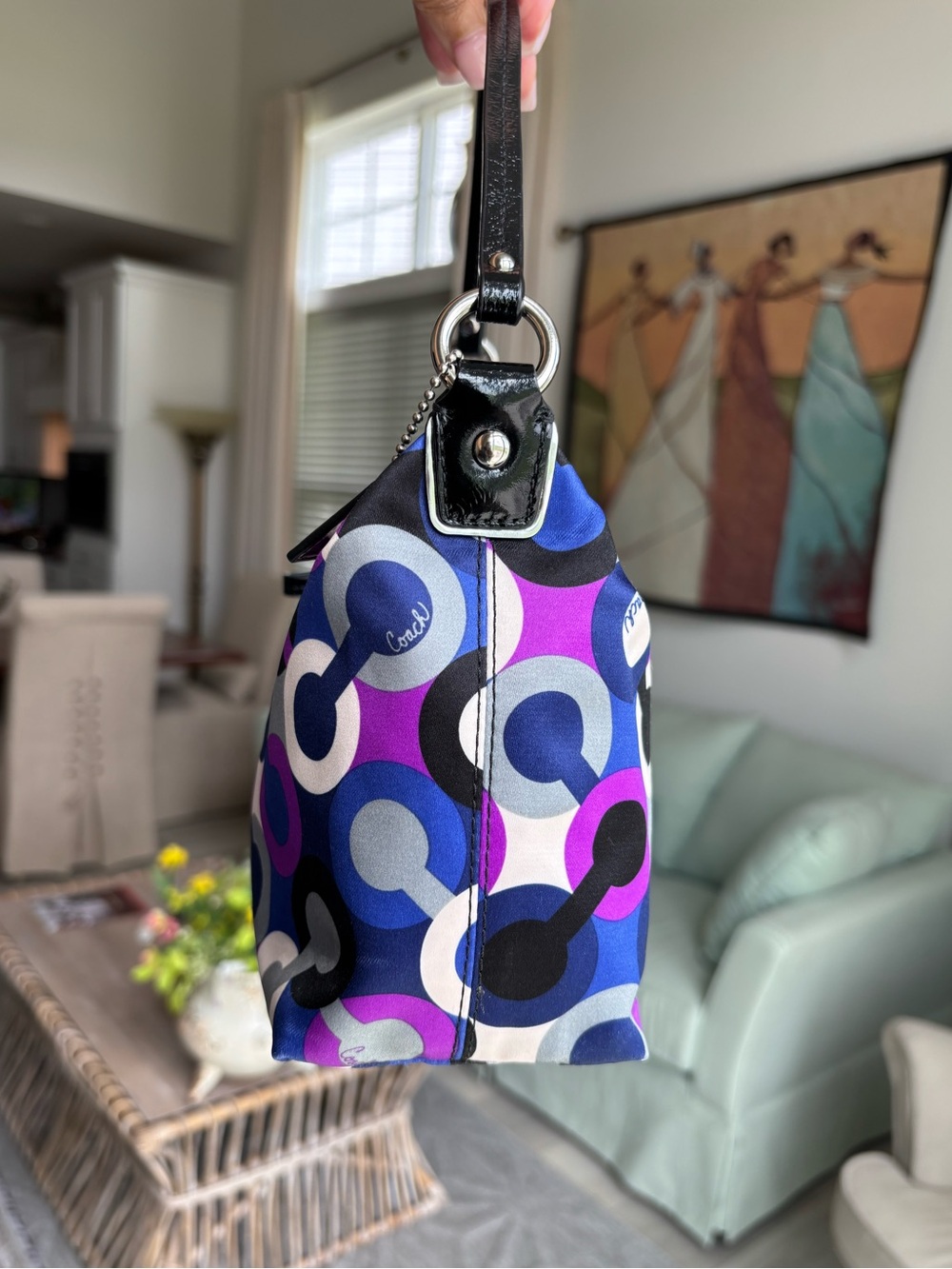 💙🖤💜COACH Alex Op Art Purple Multiprint Wristlet Mini Bag💜🖤💙 - Picture 3 of 13